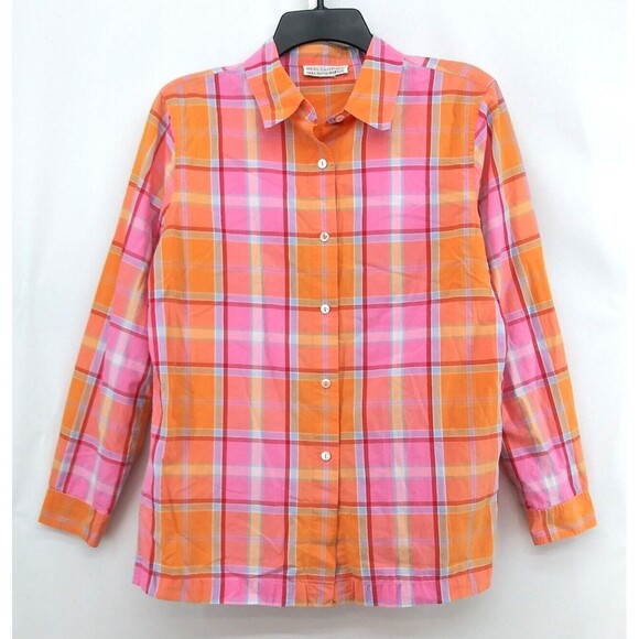 Real Clothes Saks Fifth Avenue Shirt Womens Medium Orange Plaid Button Up Top - Picture 1 of 4